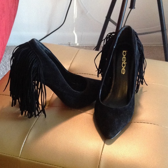 bebe Shoes - Bebe Black Pointed Toe Heels with Fringe